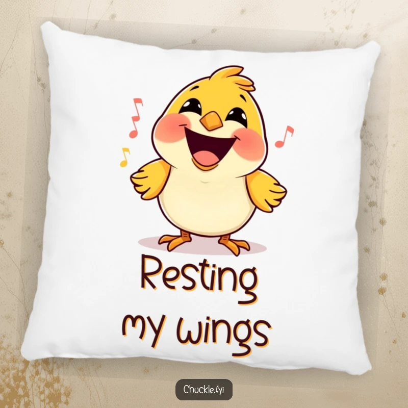 Funny Bird Pillow featuring a happy little cartoon bird, massive grin, singing a joyful tune, bringing comfort and cheer.