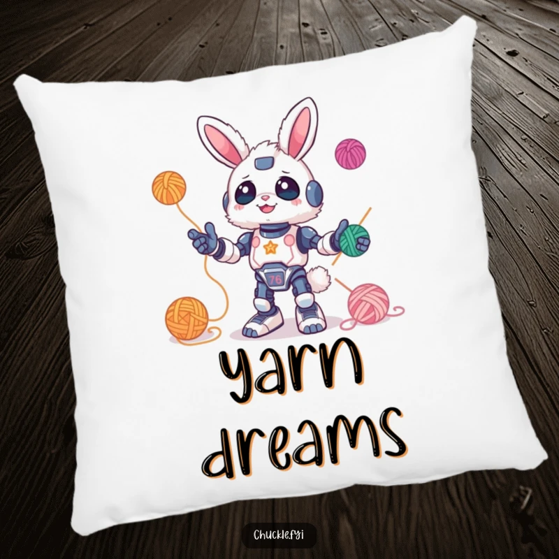 Funny Pillow featuring a fluffy bunny robot juggling colorful yarn balls, adding a whimsical accent to any room. Soft and humorous decor.