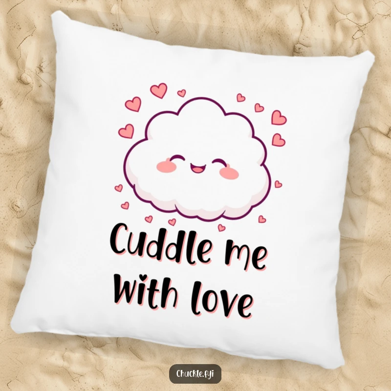 Funny pillow showcasing a joyful cloud character raining tiny heart shapes, offering comfort and unconditional love.