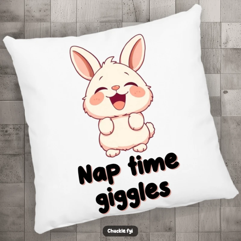 Funny Fluffy Bunny Pillow with a rabbit's ears perked, caught mid-eruption of hearty laughter, soft and amusing.