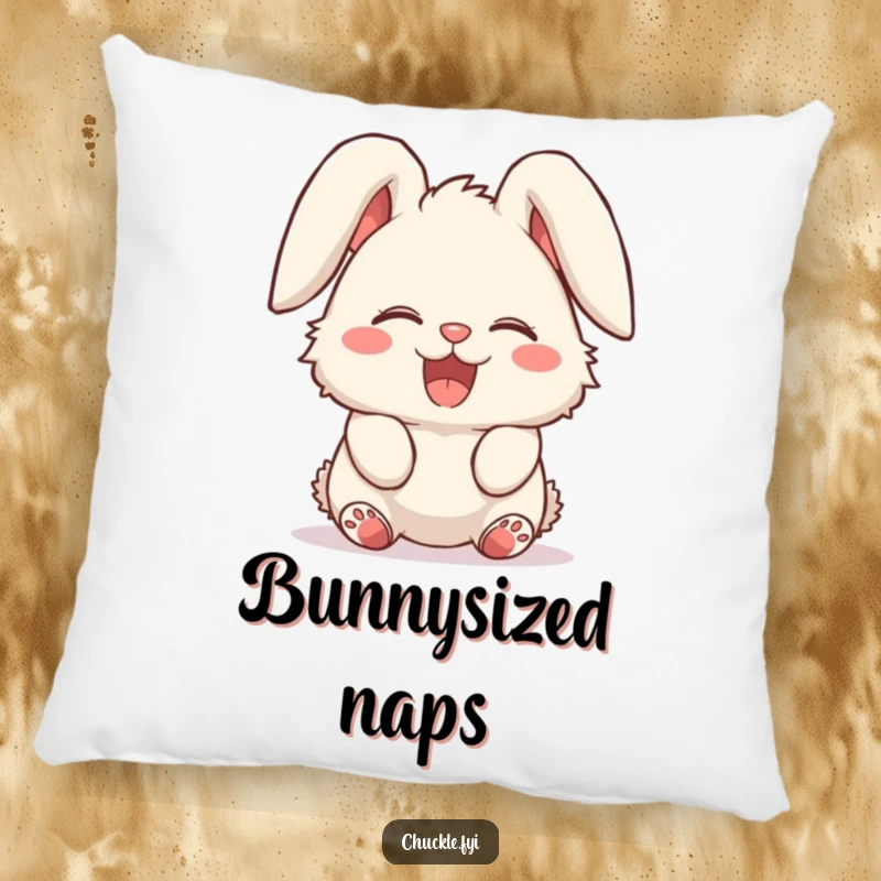 Funny pillow with a fluffy bunny character overcome with uncontrollable giggles, ears flopped over in delight. Soft and humorous.