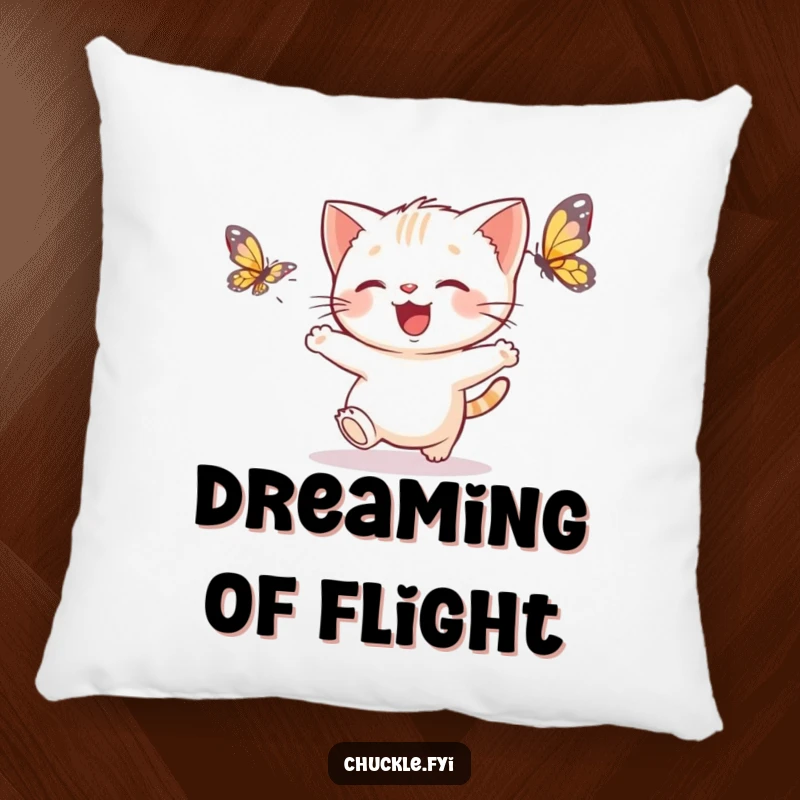 Funny kitten butterfly pillow featuring a delighted kitten chasing a fluttering butterfly, a soft and funny gift.