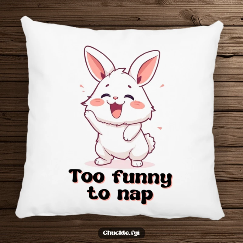 Funny pillow with a fluffy bunny shaking with laughter, offering comfort and a dose of pure joy.
