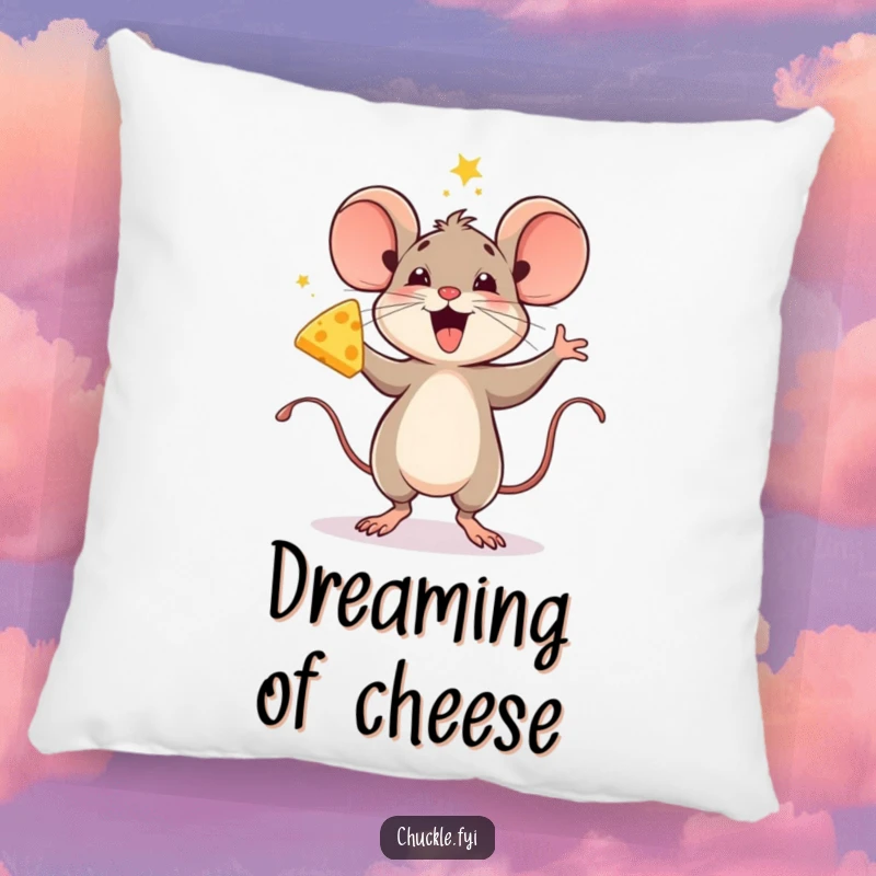 Funny decorative pillow featuring a delighted mouse doing a celebratory jig, triumphantly holding a piece of cheese.