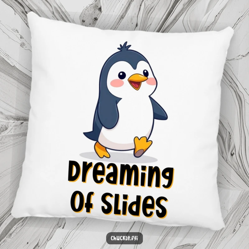 Funny penguin pillow with a delighted cartoon character waddling with a silly, exaggerated gait, providing soft, humorous comfort.