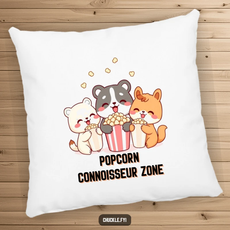 Funny pillow depicting three cute animal characters delightedly sharing popcorn, providing comfort and a dose of cheerful companionship.