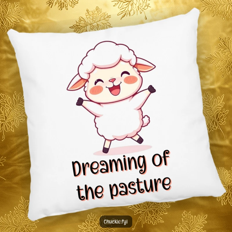 Funny Sheep Pillow featuring a joyful cartoon sheep, rosy cheeks, doing a silly, wobbly dance, bringing comfort and fun.