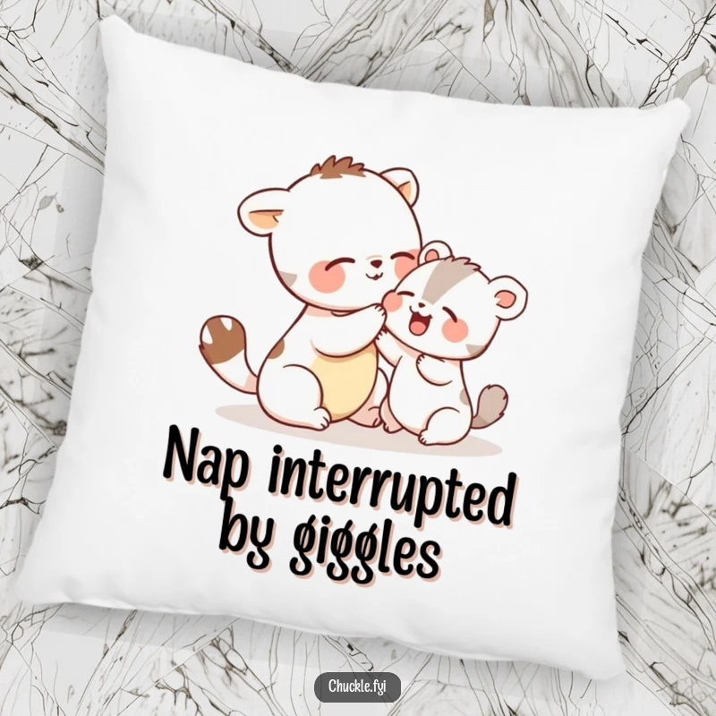 Funny pillow depicting two small animals playfully tickling each other and giggling, providing comfort and a dose of cheerful humor.