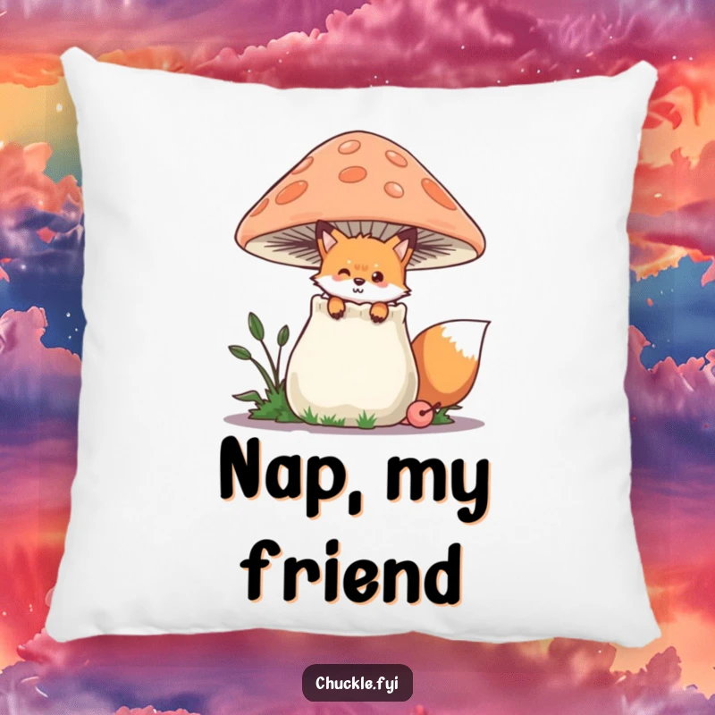 Funny Fox Pillow featuring a playful fox peeking from behind a chuckling mushroom, soft and cuddly, perfect funny gift for comfort.