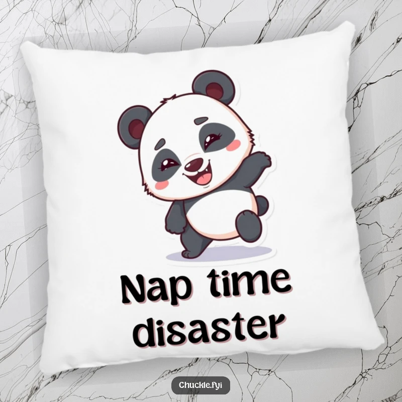 Funny bumbling panda pillow with a clumsy panda stumbling and a wide goofy grin, a soft funny gift.
