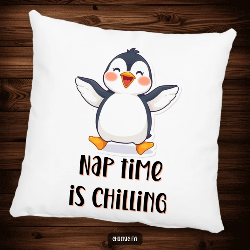 Funny penguin pillow featuring a joyful penguin waddling with wings spread wide, perfect for sofa decor.