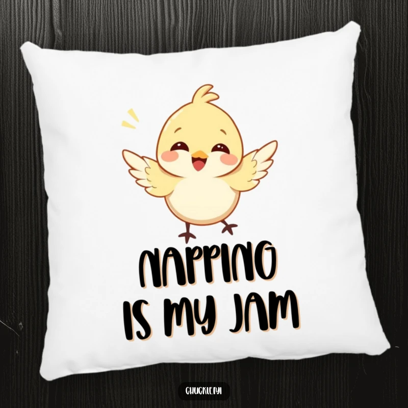 Funny bird pillow depicting a cute, happy character bird fluttering its wings and chirping in a cheerful manner, soft and inviting.