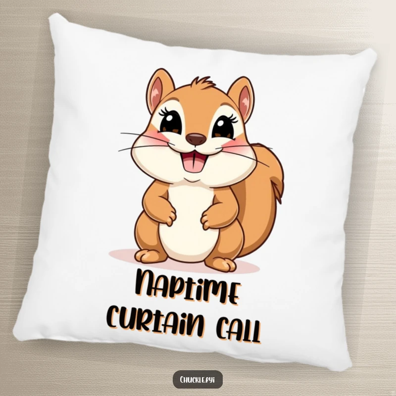 Funny pillow featuring a cute squirrel doing a comical, theatrical bow with a wide smile, offering cozy comfort.