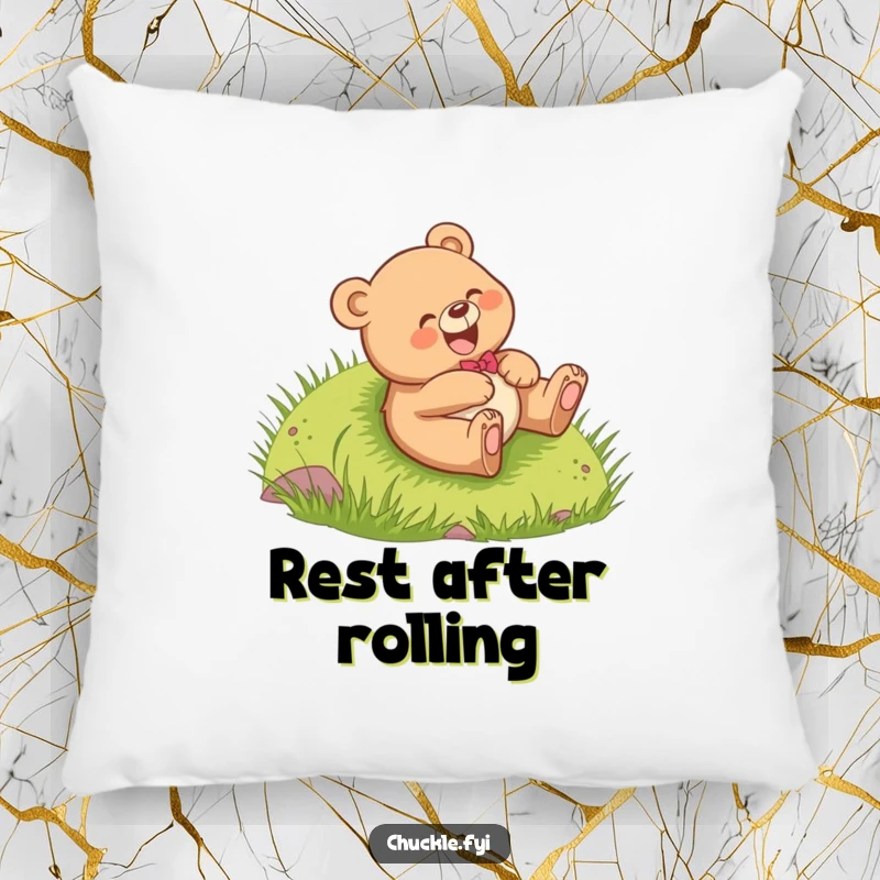 Funny Bear Cub Pillow featuring a cheerful cub giggling while rolling down a grassy hill, soft and cuddly, perfect funny gift for comfort.