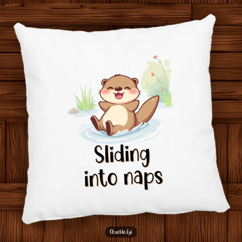 Funny Pillow: A happy otter character slides down a riverbank with glee, offering cozy comfort and playful charm.