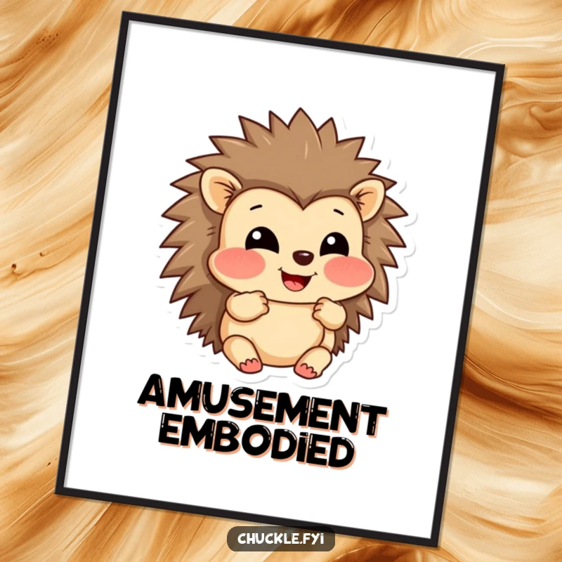 Funny digital art print of a grinning hedgehog character puffing out its cheeks in amusement, ready for download.
