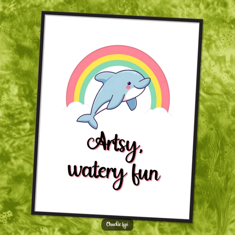 Funny dolphin digital art of a smiling dolphin leaping through a rainbow arc, downloadable for screens.