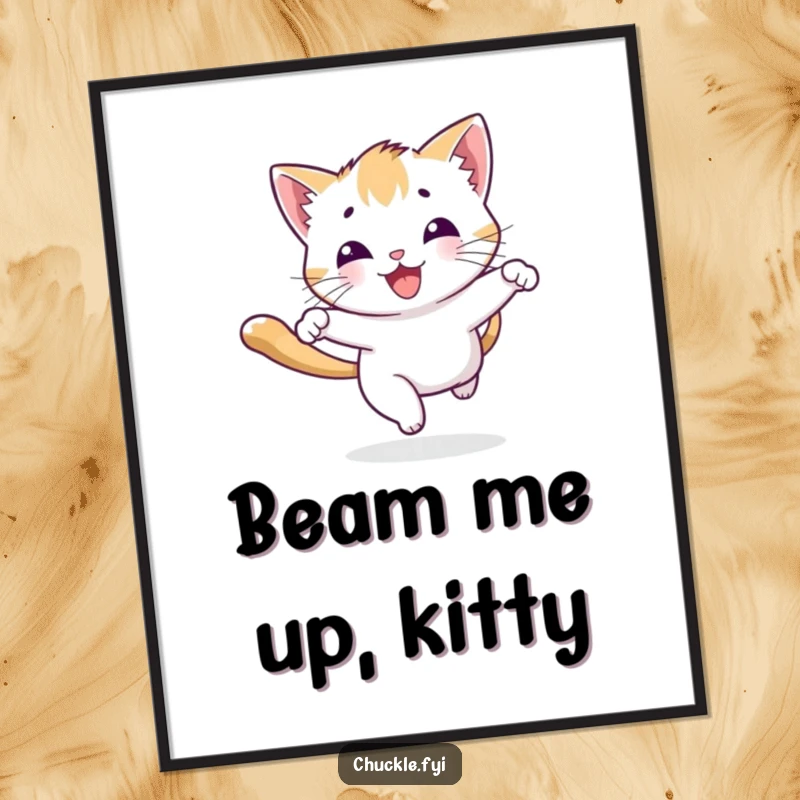 Funny playful kitten digital art print character chasing a beam of light with a joyous bounce, playful digital art.
