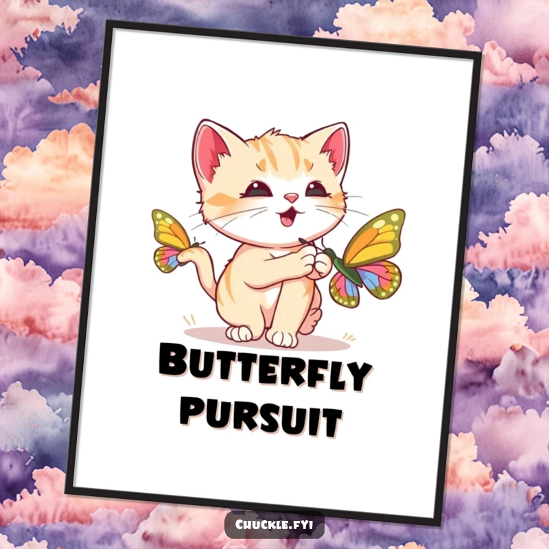 Funny Kitten Digital Art Print of a curious kitten chasing a brightly colored butterfly, purring loudly, instantly downloadable funny gift.