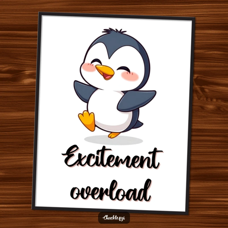 Funny digital art print of a giggling penguin character waddling with extreme, comical excitement, perfect for cheerful wall decor.