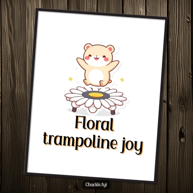 Funny digital art print of a small, round animal character joyfully bouncing on a daisy trampoline, capturing a moment of vibrant, playful energy.