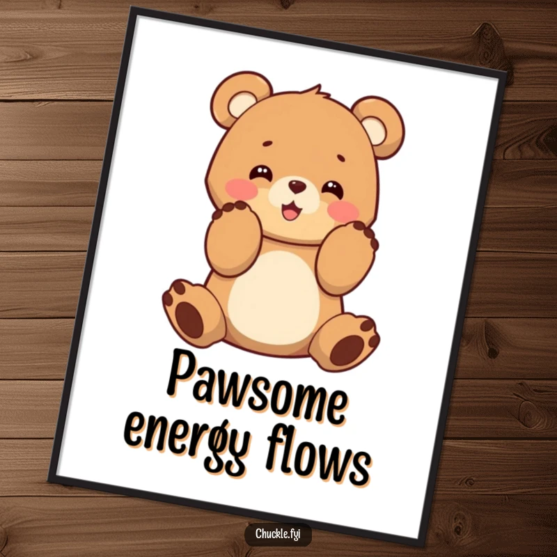 Funny bear cub clapping its paws, high-resolution digital art print for instant cheer.