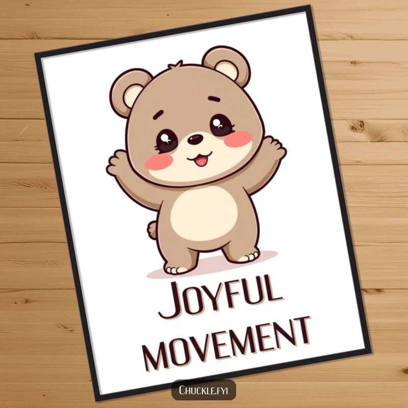 Funny digital art print of a cheerful bear cub with sparkling eyes performing a silly, bouncy dance. Vibrant and full of life.