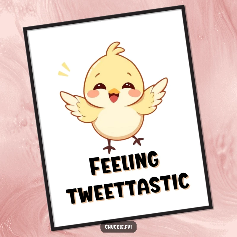 Funny bird digital art print of a happy character bird fluttering its wings and chirping cheerily, full of vibrant energy.