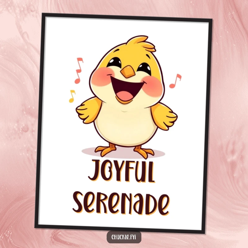 Funny Bird Digital Art Print of a happy little cartoon bird, massive grin, singing a joyful tune, for immediate cheerful decor.