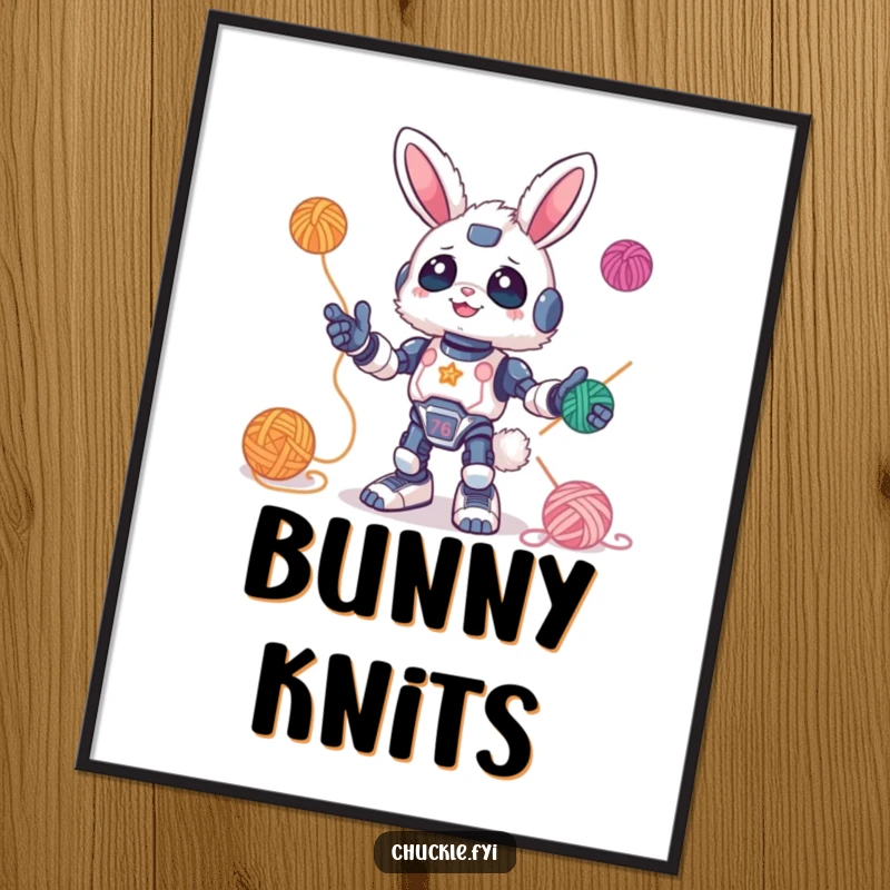 Funny Digital Art Print of a fluffy bunny robot gleefully juggling colorful yarn balls, bringing instant whimsy and charm to your walls. High-resolution and delightful.