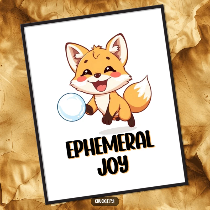 Funny digital art print of a playful fox cub with a huge grin joyfully chasing a floating bubble. Captures infectious fun.