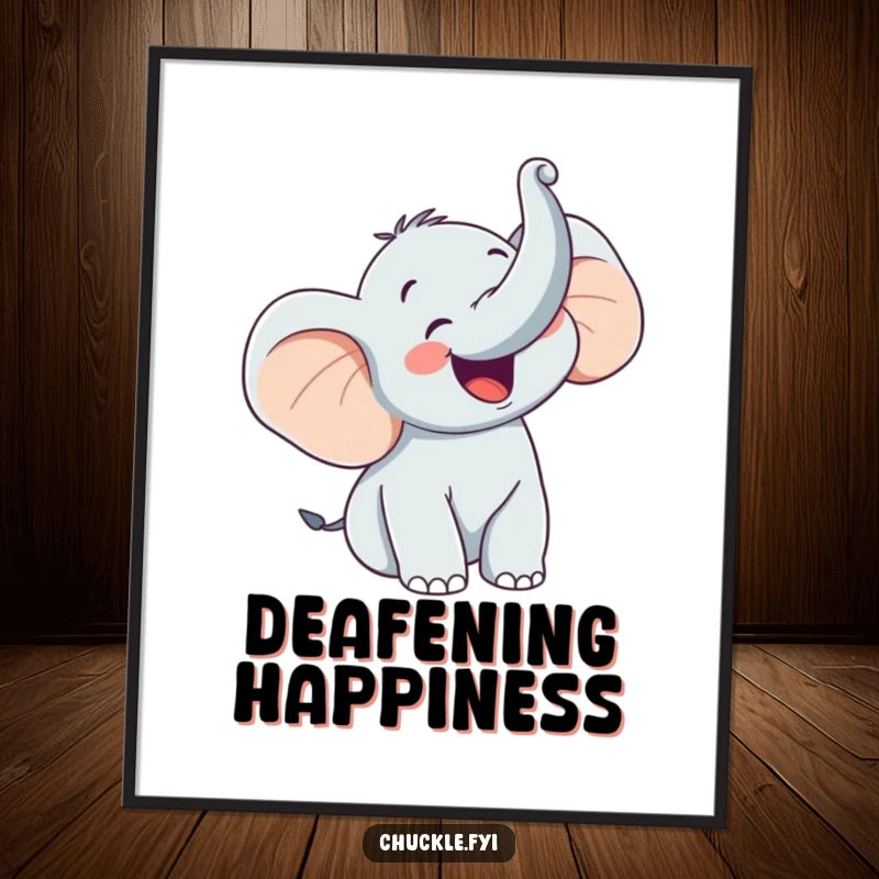 Funny digital art print of a happy elephant character trumpeting with glee, trunk raised high, embodying pure joy and celebration.