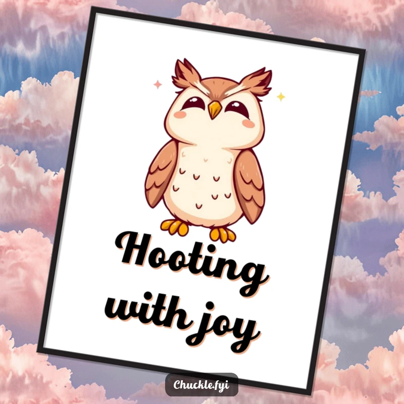 Funny Kawaii owl joyful digital art print showing a cute owl tilting its head back, letting out a happy hoot.