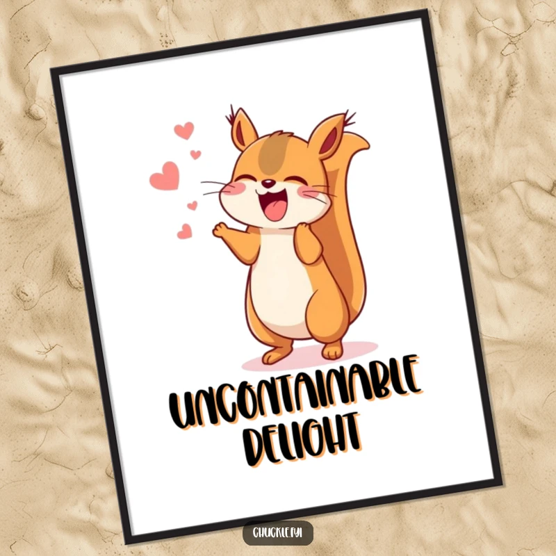 Funny Kawaii squirrel energetic digital art print showing a cute squirrel chattering excitedly, jumping with pure amusement.