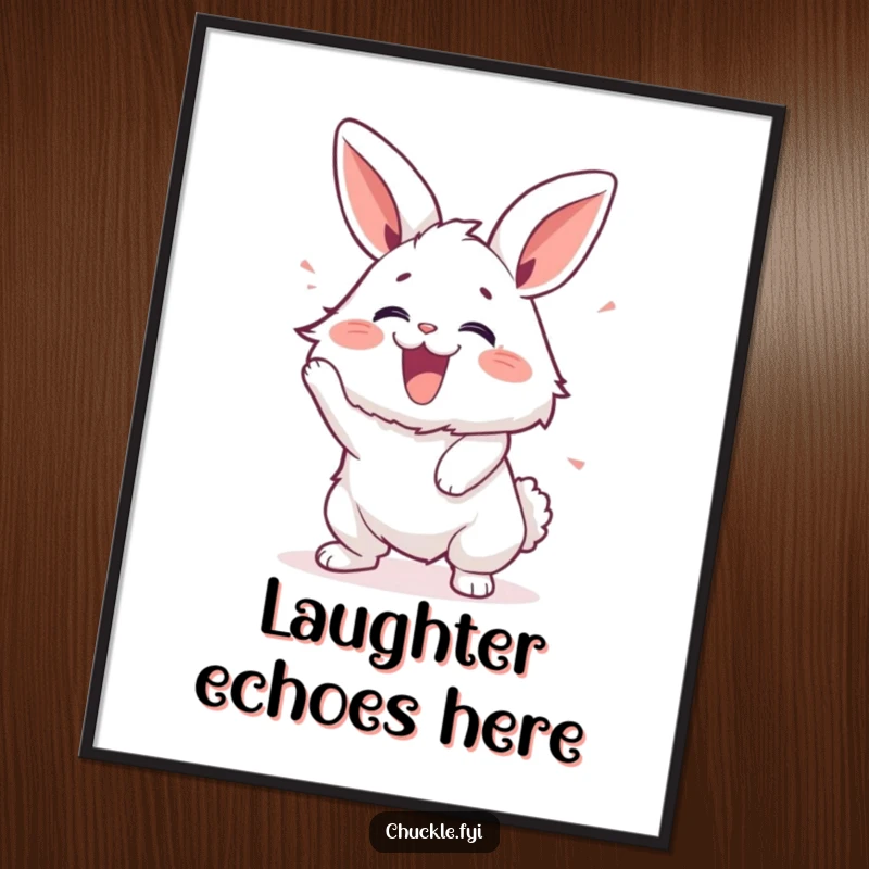 Funny digital art print of a fluffy bunny vigorously shaking with laughter, perfect for cheerful decor.