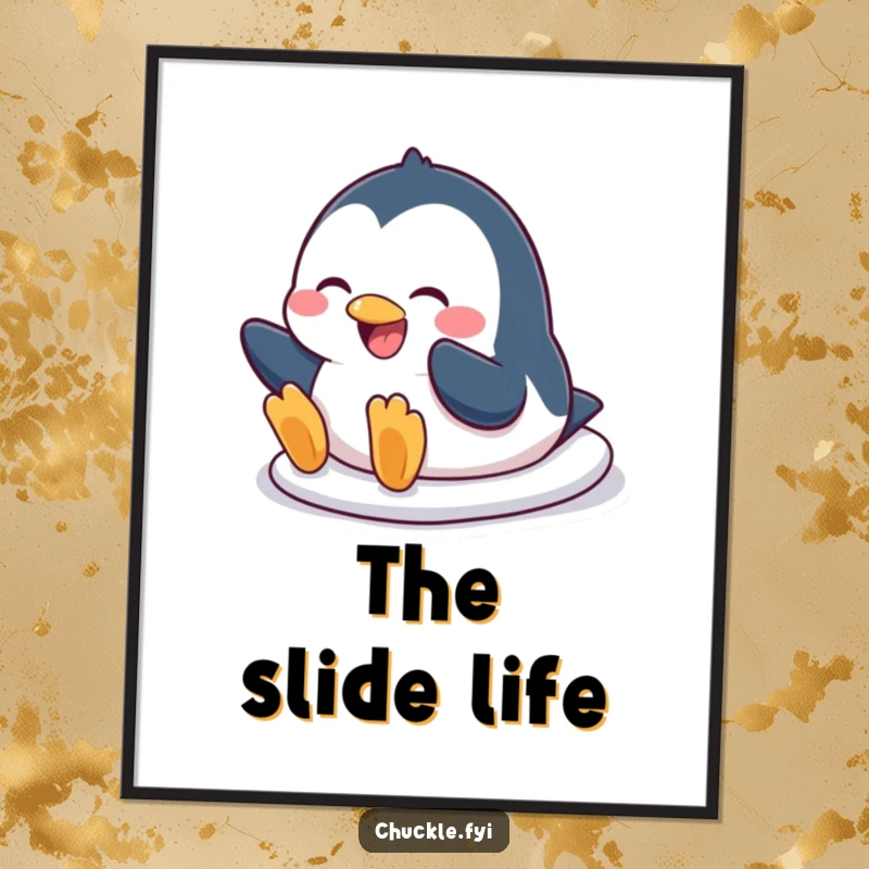 Funny penguin digital art print capturing a character in a hilarious belly slide with a wide, beaming smile, perfect for vibrant decor.