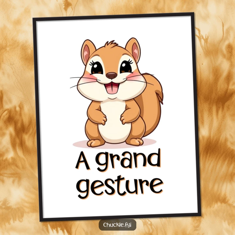 Funny digital art print of a cute squirrel with a huge smile performing a comical, theatrical bow, full of charm.