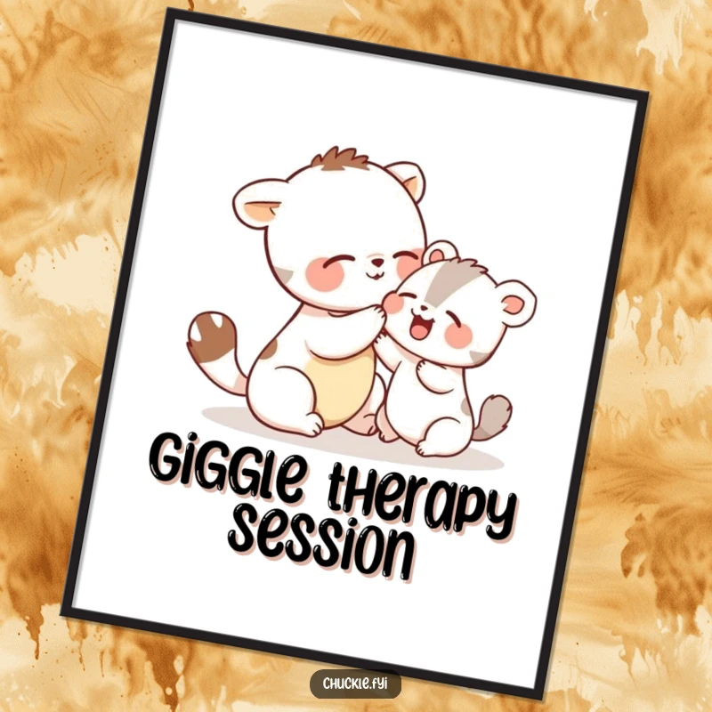 Funny digital art print of two cute animals playfully tickling each other and giggling, capturing a moment of pure, shared happiness and amusement.