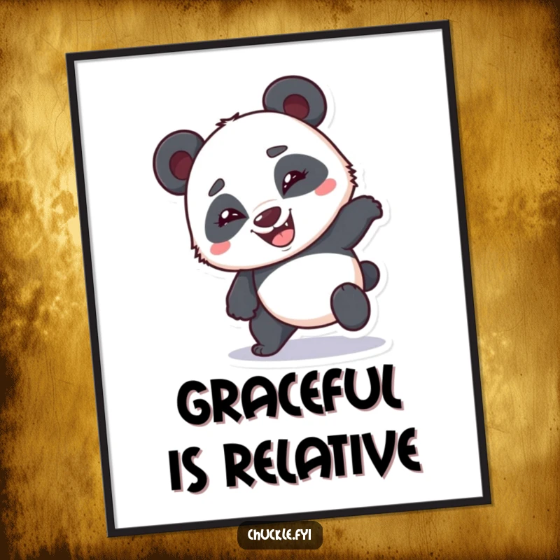 Funny bumbling panda digital art print of a clumsy panda stumbling with a goofy grin, ready for download.