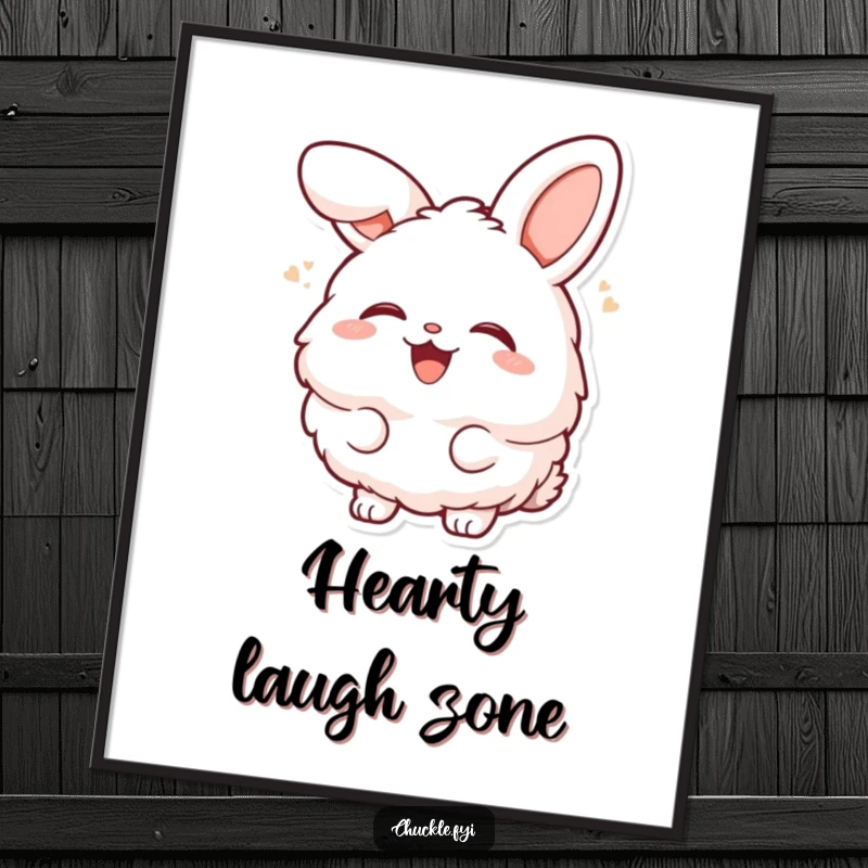 Funny fluffy bunny character laughing heartily with head tilted back, as a downloadable digital art print for cheerful decor.