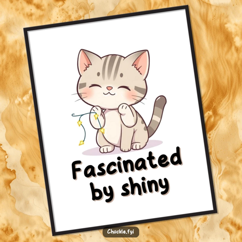 Funny cat digital art print of a curious cat playfully batting at sparkling lights, capturing feline wonder.