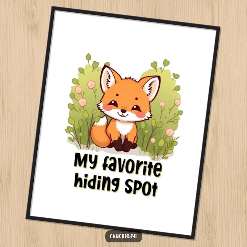 Funny Fox Cub Digital Art: A tiny, sweet fox cub peeking from a bush, its face alight with a silent, joyful chuckle.