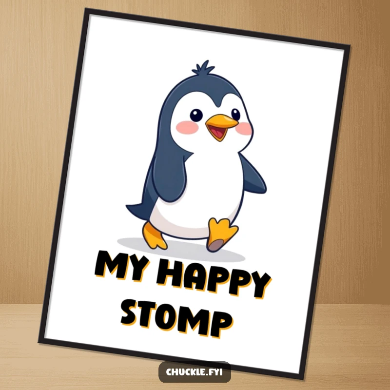 Funny penguin digital art print of a delighted cartoon character waddling with a silly, exaggerated gait, offering immediate humorous appeal.
