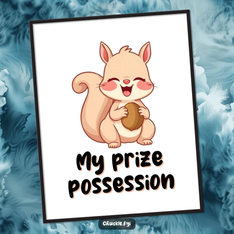 Funny digital art print of a squirrel beaming with laughter, clutching a nut, ready to add a humorous and joyful focal point.