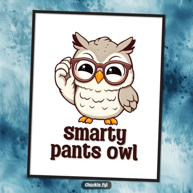 Funny owl digital art print of a wise, chuckling cartoon character adjusting its spectacles with a knowing grin, offering immediate intellectual appeal.