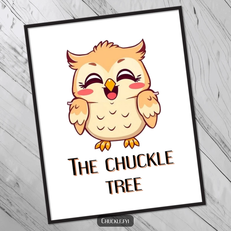 Funny owl digital art print capturing a character with wide, delighted eyes, shaking its head in hearty laughter, perfect for vibrant decor.