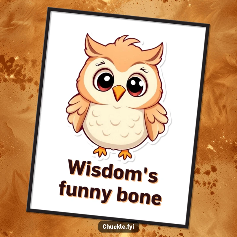 Funny Owl Digital Art Print of a cartoon owl with wide eyes, chuckling heartily, ruffled feathers, for immediate humorous decor.