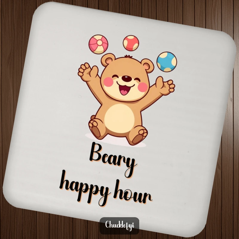Funny drink coaster featuring a cheerful bear character joyfully juggling three colorful balls, a wide smile present. Cute surface protection.