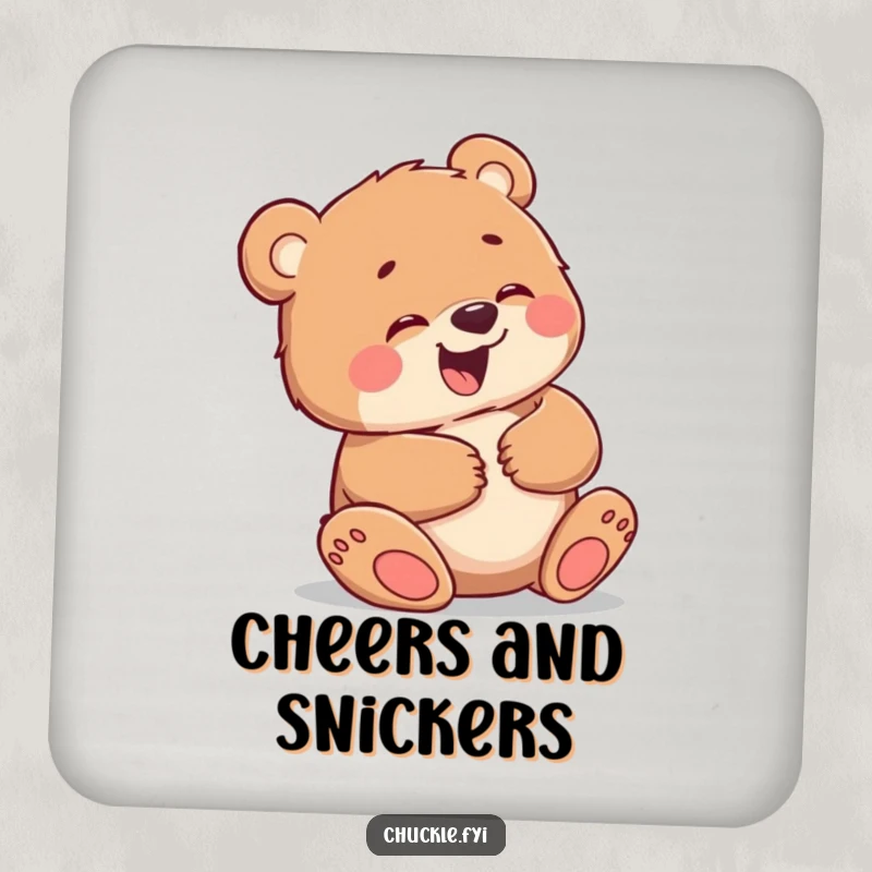 Funny drink coaster showing a little bear cub giggling uncontrollably, holding its belly, protecting surfaces with a humorous design.