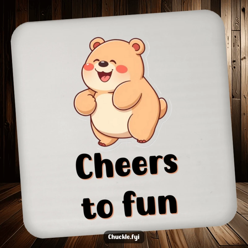Funny Chubby Bear Coaster depicting a bear with a wide grin, joyfully rolling on its back in pure glee.